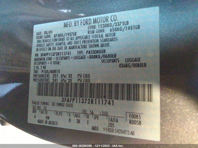 2002 FORD ESCORT ZX2 VIN: 3FAFP11372R111741