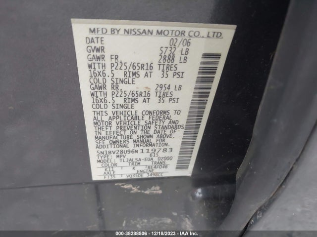 Aukcja sprzedaży 2006 Nissan Quest 3.5, vin: 5N1BV28U96N119783, numer aukcji: 38288506