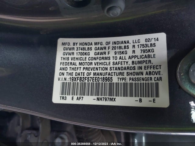 2014 HONDA CIVIC LX VIN: 19XFB2F57EE018965
