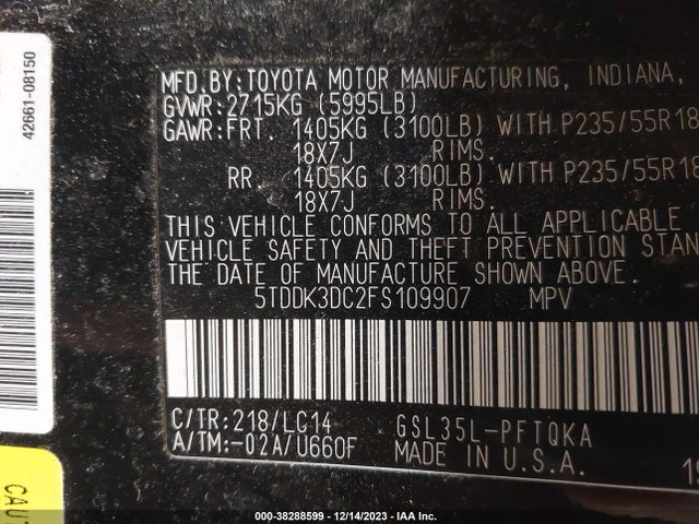 Toyota Sienna Xle 7 Passenger 2015 5TDDK3DC2FS109907 Image 9