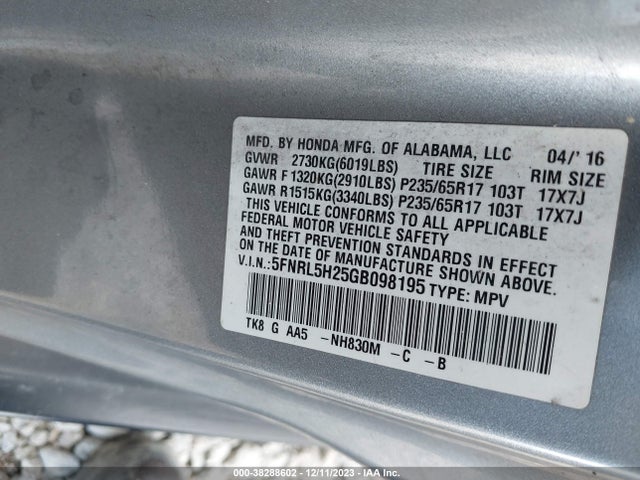 Honda ODYSSEY LX 2016 5FNRL5H25GB098195 Image 9