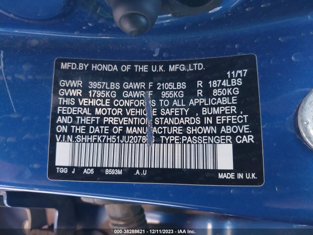 Honda CIVIC EX 2018 SHHFK7H51JU207866 Image 9