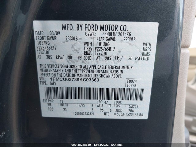 2009 FORD ESCAPE XLT VIN: 1FMCU03739KC03360