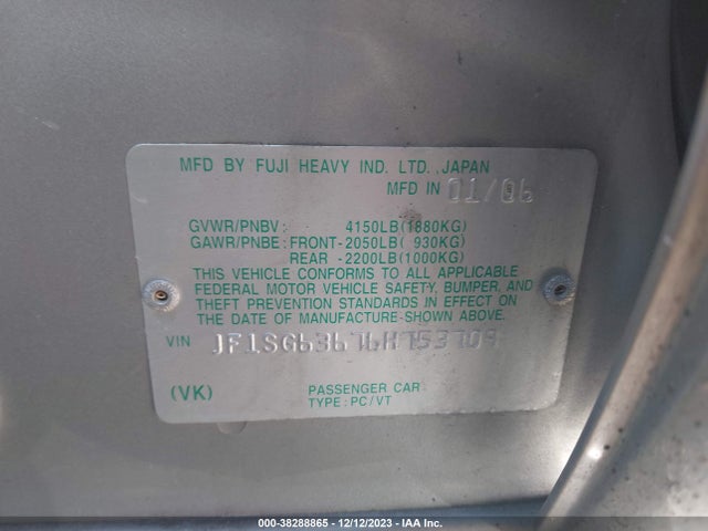 2006 SUBARU FORESTER 2.5X VIN: JF1SG63676H753709