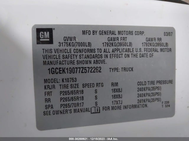 2007 CHEVROLET SILVERADO 1500 LT1 VIN: 1GCEK19077Z572262
