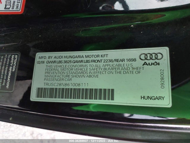 2006 AUDI TT 1.8L VIN: TRUSC28N861008111