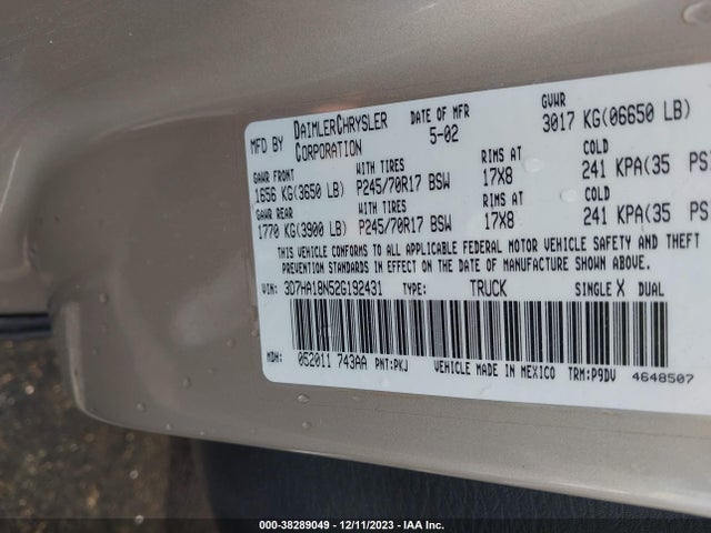 2002 DODGE RAM 1500 SLT VIN: 3D7HA18N52G192431