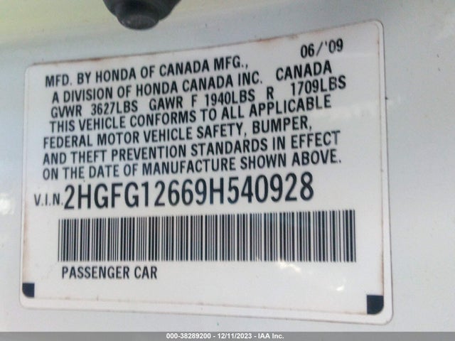 2009 HONDA CIVIC LX VIN: 2HGFG12669H540928