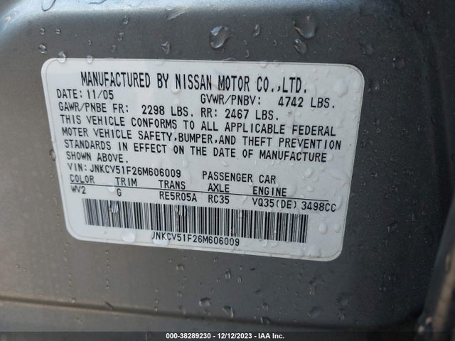 38289230 :رقم المزاد ، JNKCV51F26M606009 vin ، 2006 Infiniti G35 Base A5 مزاد بيع