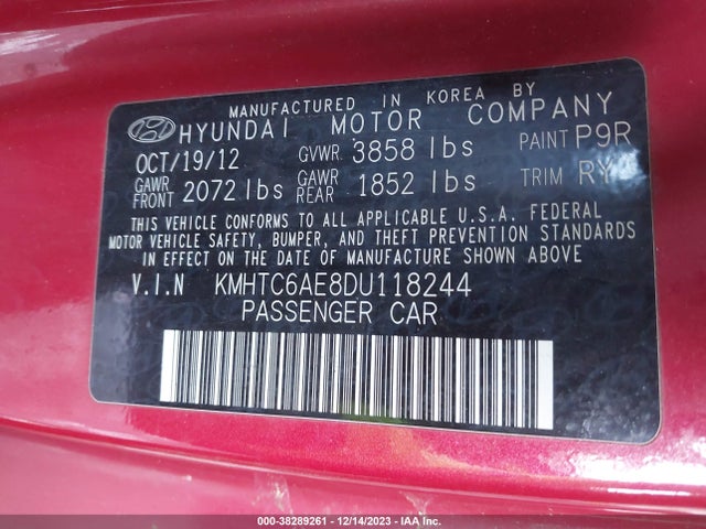 2013 HYUNDAI VELOSTER TURBO W/BLACK VIN: KMHTC6AE8DU118244