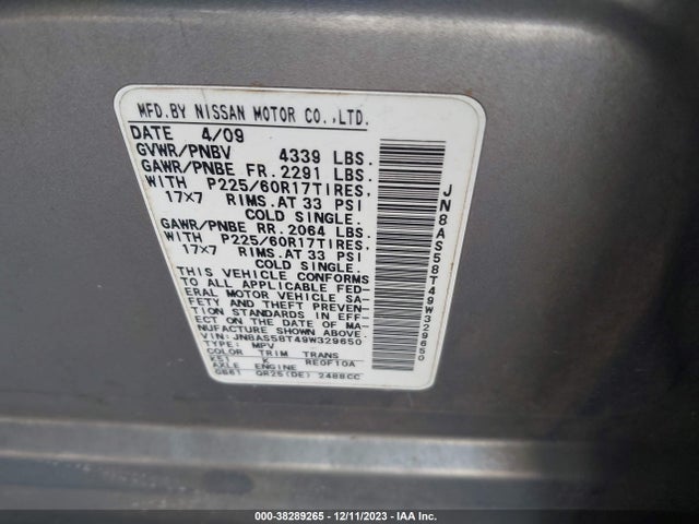 2009 NISSAN ROGUE SL VIN: JN8AS58T49W329650