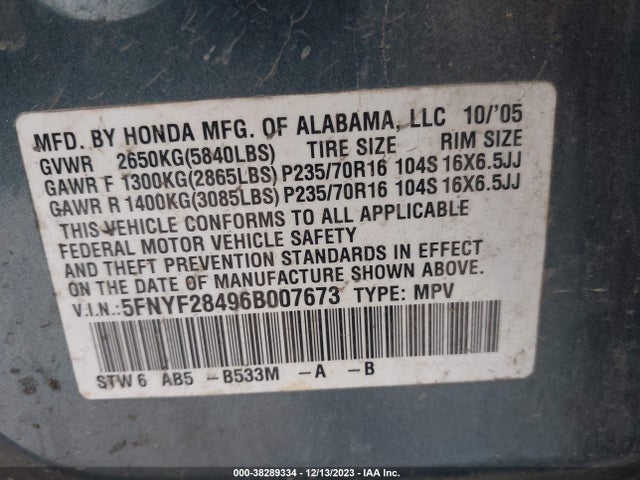 2006 HONDA PILOT EX VIN: 5FNYF28496B007673