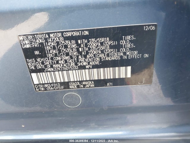 2007 TOYOTA RAV4 SPORT V6 VIN: JTMBK32V276015233