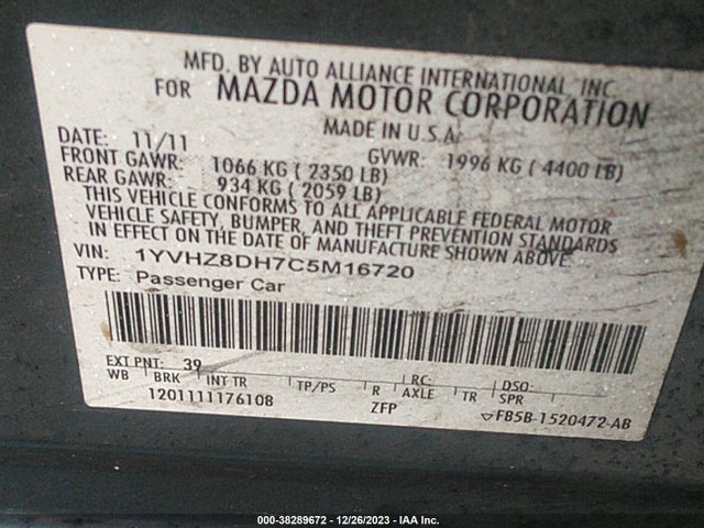 2012 MAZDA MAZDA6 I TOURING VIN: 1YVHZ8DH7C5M16720