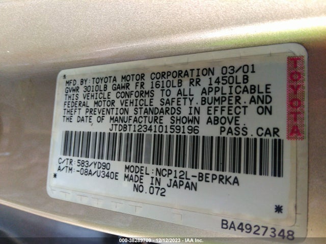 2001 TOYOTA ECHO BASE (A4) VIN: JTDBT123410159196