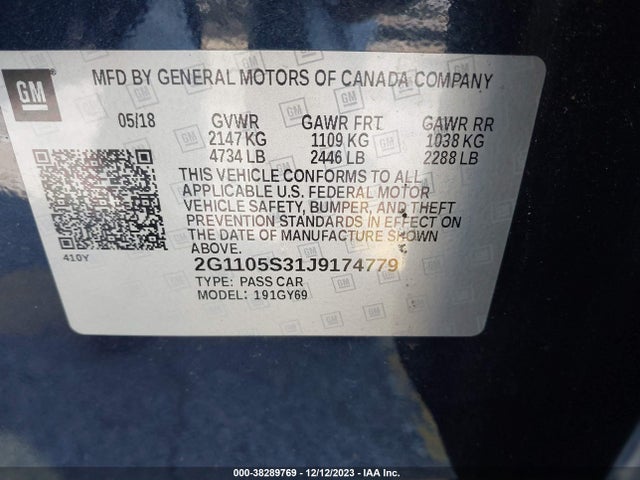 Chevrolet IMPALA 1LT 2018 2G1105S31J9174779 Image 9