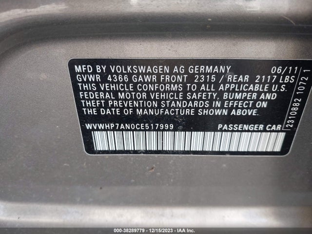 2012 VOLKSWAGEN CC LUX LIMITED VIN: WVWHP7AN0CE517999