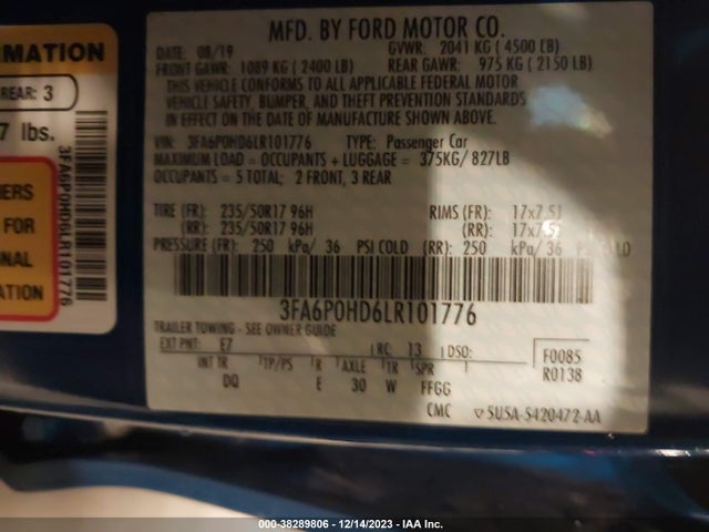Ford FUSION SE 2020 3FA6P0HD6LR101776 Image 9