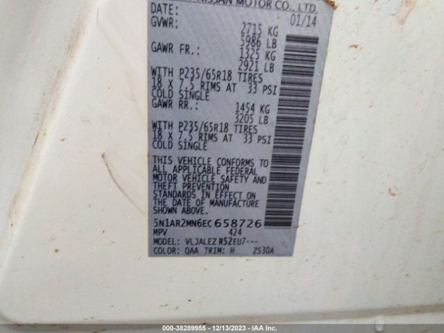 5N1AR2MN6EC658726 Nissan Pathfinder Sv
