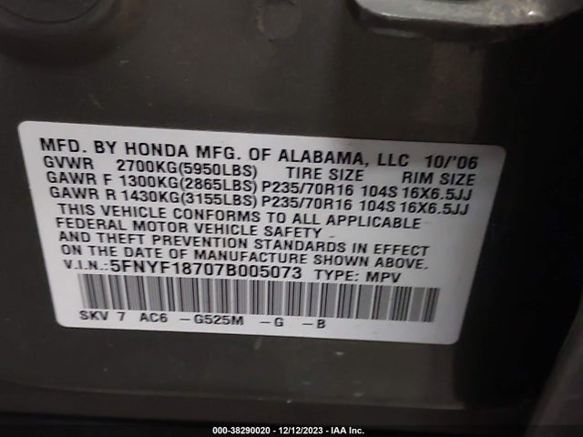 38290020 :رقم المزاد ، 5FNYF18707B005073 vin ، 2007 Honda Pilot Ex-l مزاد بيع