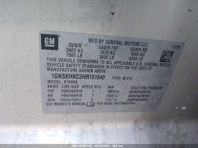 Chevrolet Suburban Lt 2017 1GNSKHKC2HR161649 Image 9