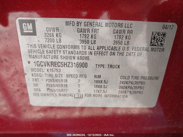 2017 CHEVROLET SILVERADO 1500 2LT VIN: 1GCVKREC5HZ316900
