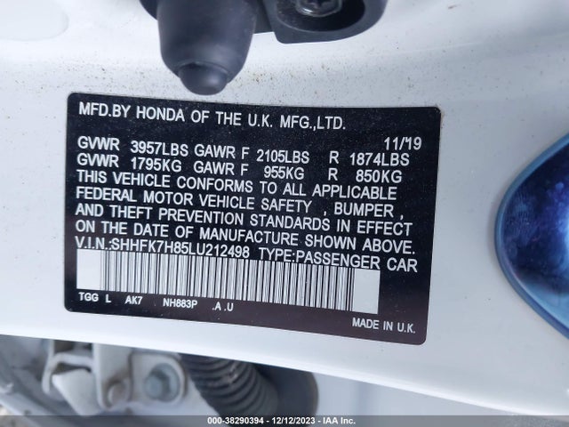 2020 HONDA CIVIC EX-L VIN: SHHFK7H85LU212498