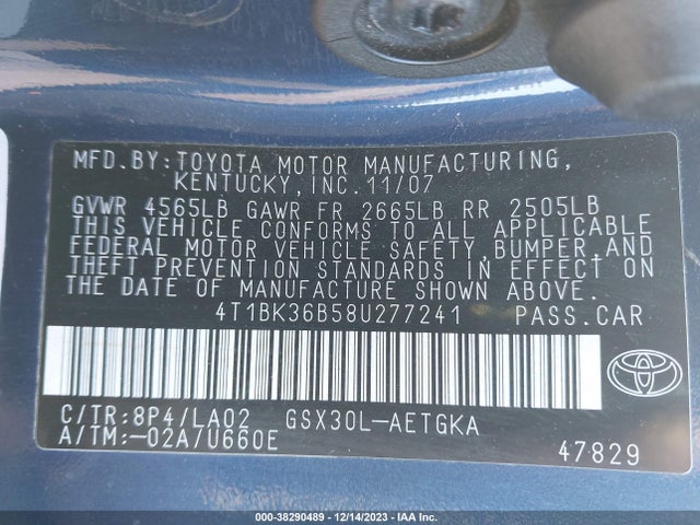 2008 TOYOTA AVALON XLS VIN: 4T1BK36B58U277241