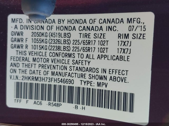 2015 HONDA CR-V EX-L VIN: 2HKRM3H73FH546690