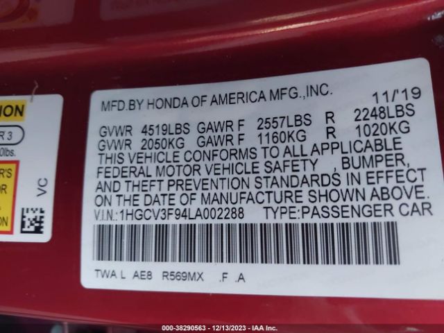 1HGCV3F94LA002288 Honda Accord Hybrid Touring