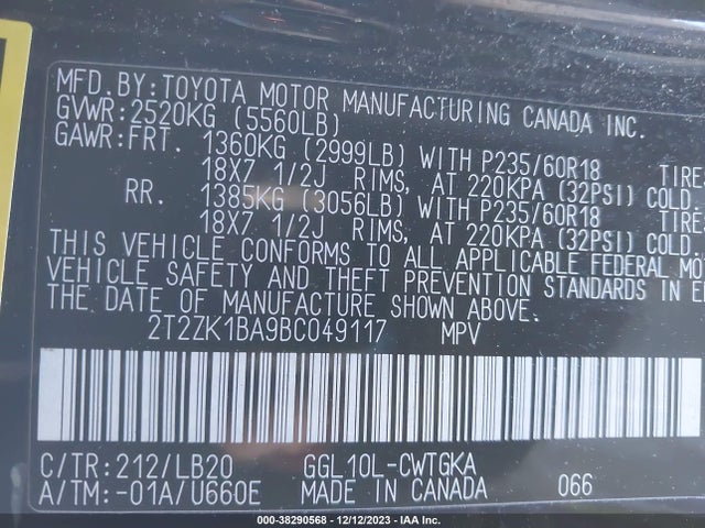 2011 LEXUS RX 350 VIN: 2T2ZK1BA9BC049117