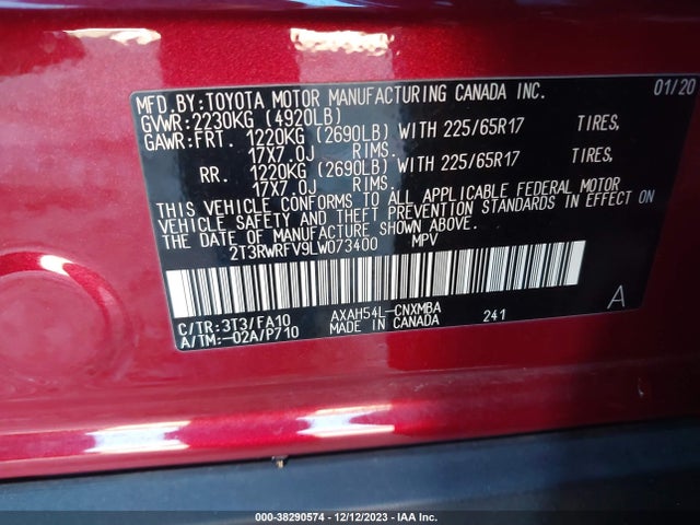 2020 TOYOTA RAV4 XLE HYBRID VIN: 2T3RWRFV9LW073400