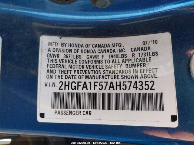 2010 HONDA CIVIC LX VIN: 2HGFA1F57AH574352