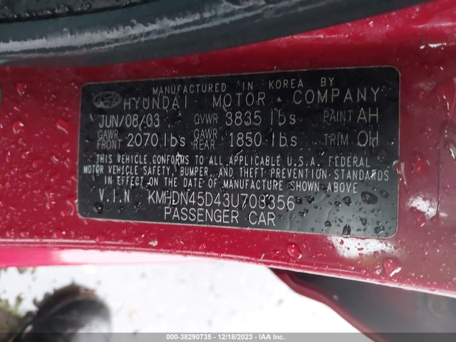 2003 HYUNDAI ELANTRA GLS/GT VIN: KMHDN45D43U703356