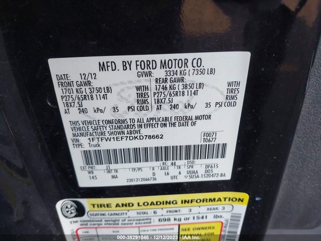 2013 FORD F-150 XLT VIN: 1FTFW1EF7DKD78662
