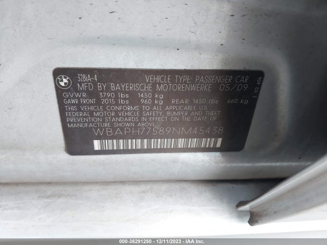 2009 BMW 328I VIN: WBAPH77589NM45438