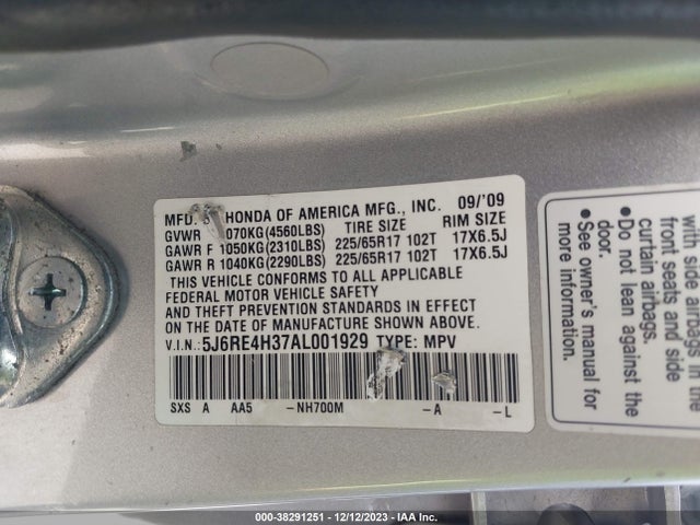 2010 HONDA CR-V LX VIN: 5J6RE4H37AL001929