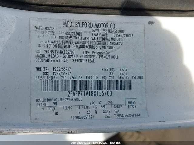 2008 FORD CROWN VICTORIA POLICE/POLICE INTERCEPTOR VIN: 2FAFP71V18X155703