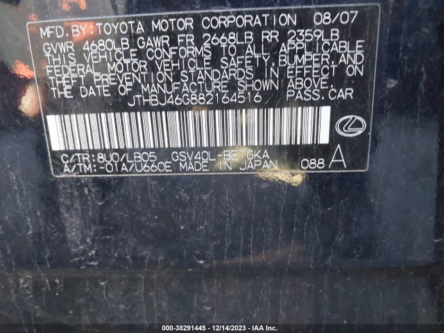 2008 LEXUS ES 350 BASE (A6) VIN: JTHBJ46G882164516