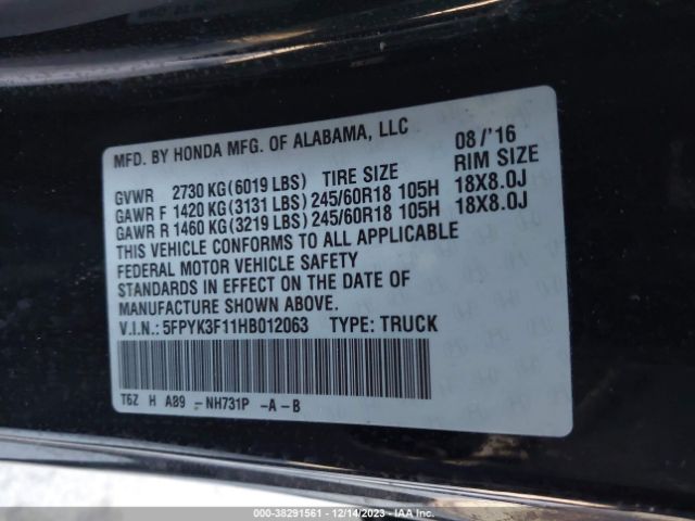 5FPYK3F11HB012063 Honda Ridgeline Sport