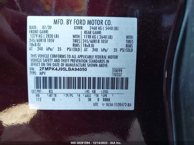 Ford EDGE SEL 2020 2FMPK4J95LBA94050 Image 9