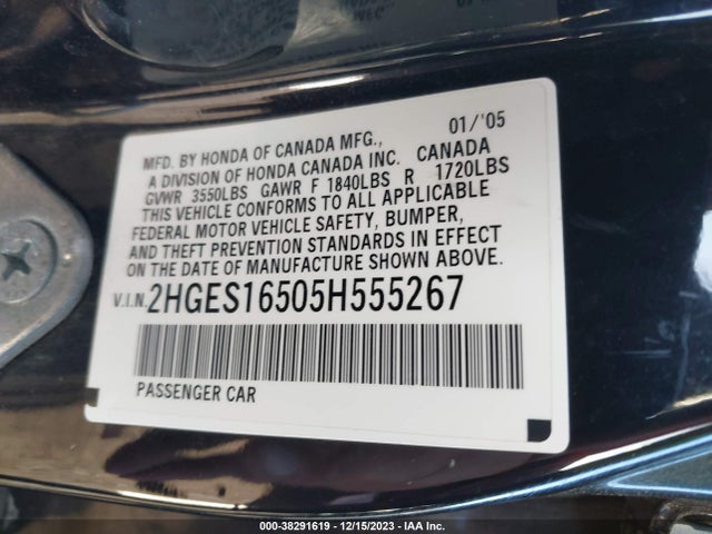 2005 HONDA CIVIC LX VIN: 2HGES16505H555267