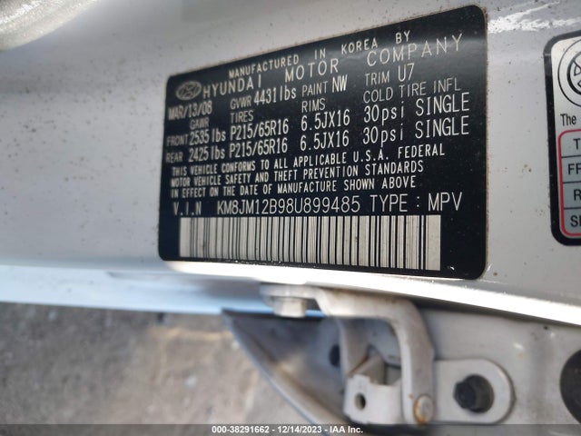 2008 HYUNDAI TUCSON GLS VIN: KM8JM12B98U899485