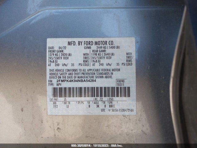 2022 FORD EDGE TITANIUM VIN: 2FMPK4K94NBA54284