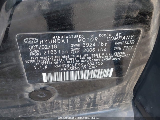 2019 HYUNDAI ELANTRA SEL VIN: KMHD84LF9KU784106