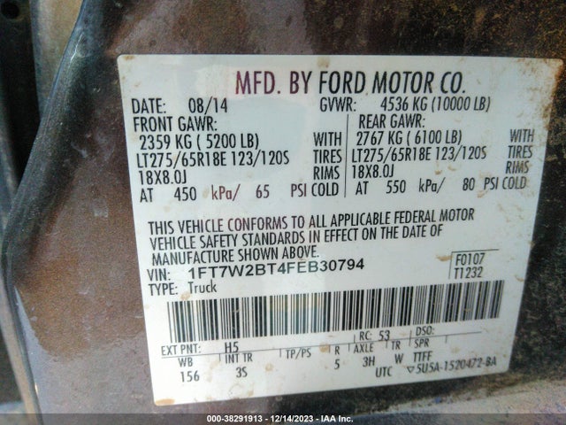 2015 FORD F-250 XLT VIN: 1FT7W2BT4FEB30794