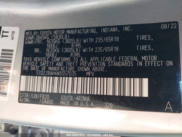 Toyota Highlander Le 2022 5TDZZRAH4NS557035 Image 9