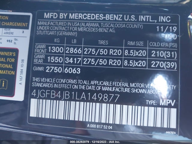 2020 MERCEDES-BENZ GLE 350 VIN: 4JGFB4JB1LA149877