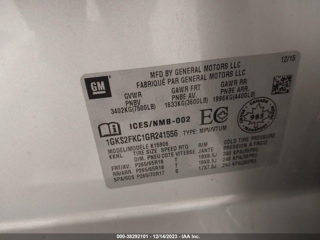 1GKS2FKC1GR241556 GMC Yukon Xl Sle