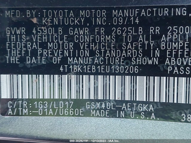 2014 TOYOTA AVALON XLE VIN: 4T1BK1EB1EU130206
